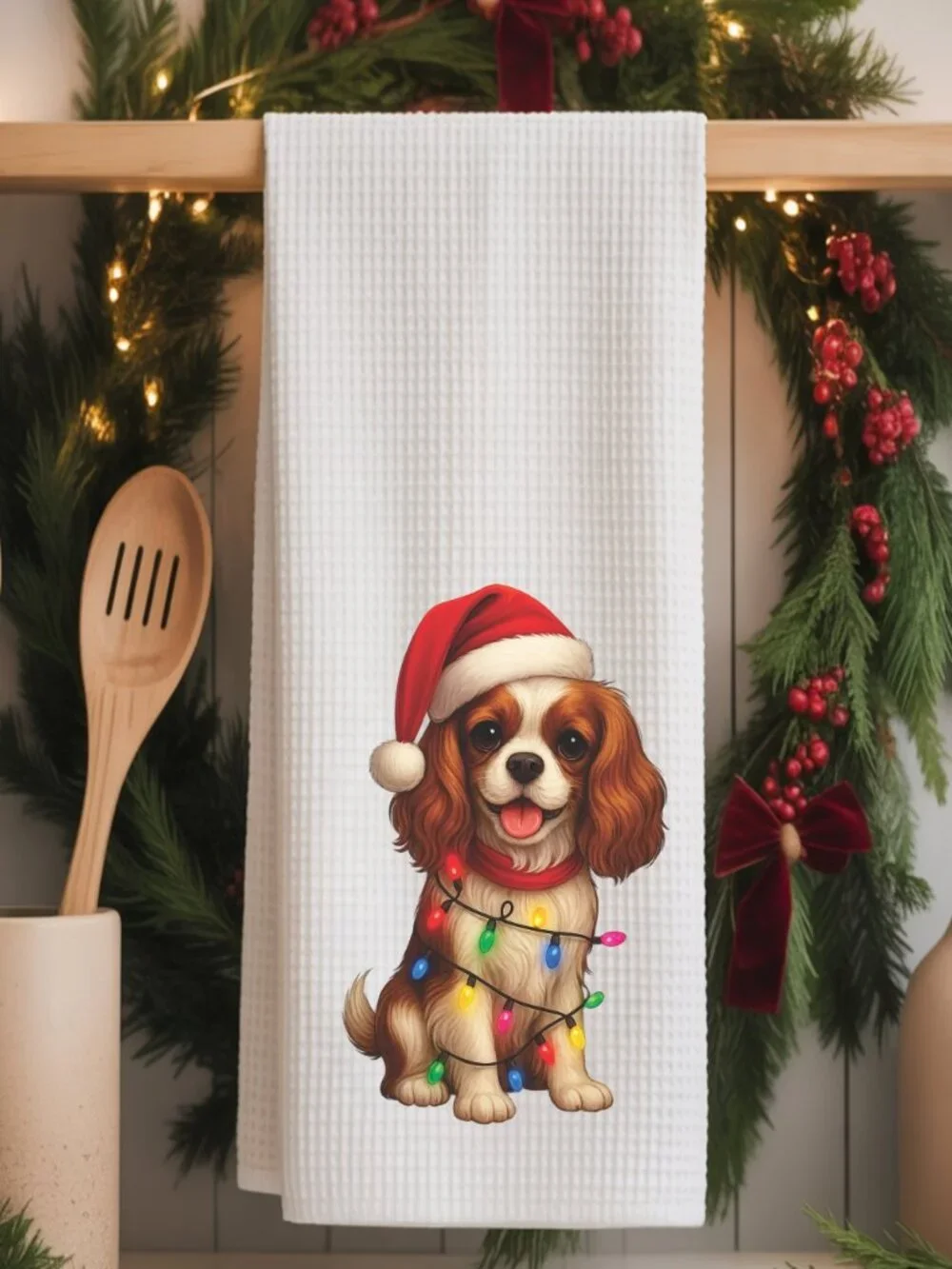 Cavalier King Charles Spaniel Christmas Lights Decorative Kitchen Tea Towel